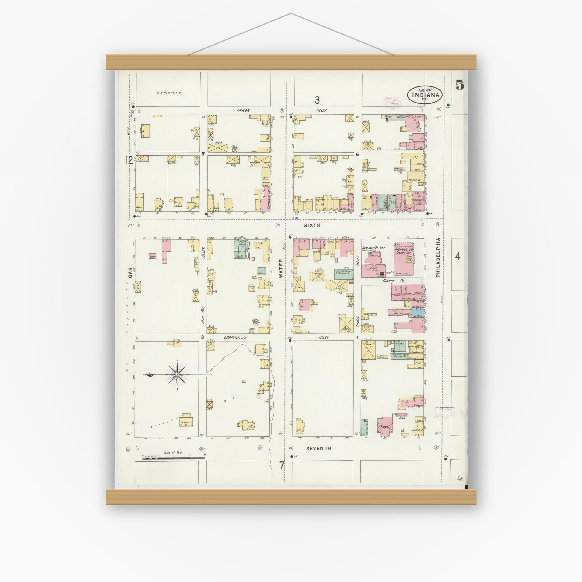 Old map wall art mockup — magnetic wood frame on white wall — Sanborn Fire Insurance Map from Indiana, Indiana County, Pennsylvania (1888), Sheet #0005