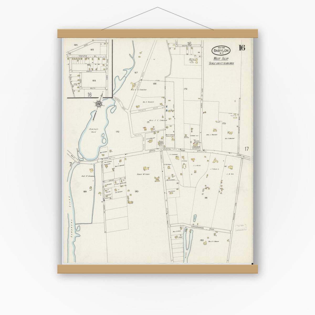 Old map wall art mockup — magnetic wood frame on white wall — Sanborn Fire Insurance Map from Babylon, Suffolk County, New York (1915), Sheet #0016