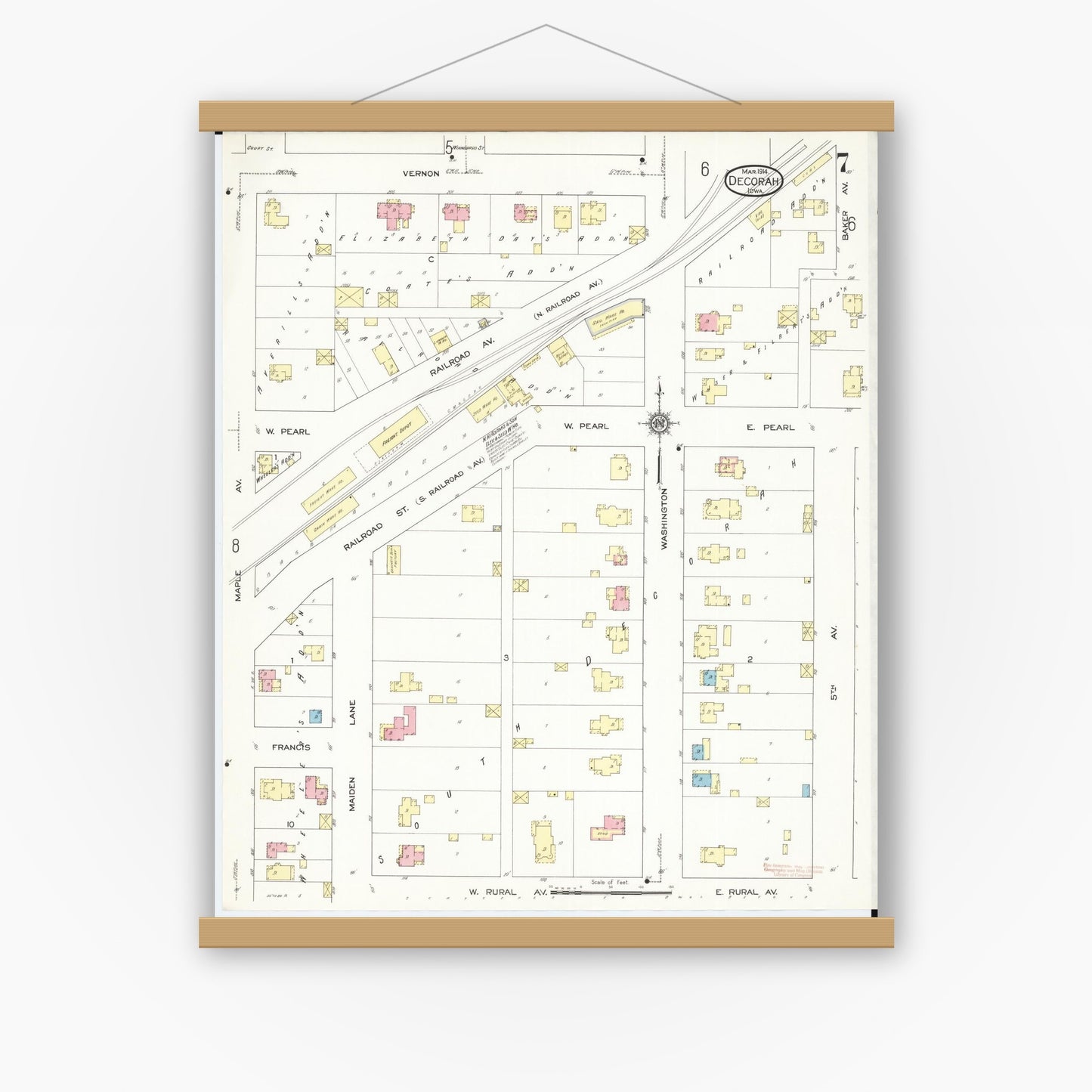 Old map wall art mockup — magnetic wood frame on white wall — Sanborn Fire Insurance Map from Decorah, Winneshiek County, Iowa (1914), Sheet #0007