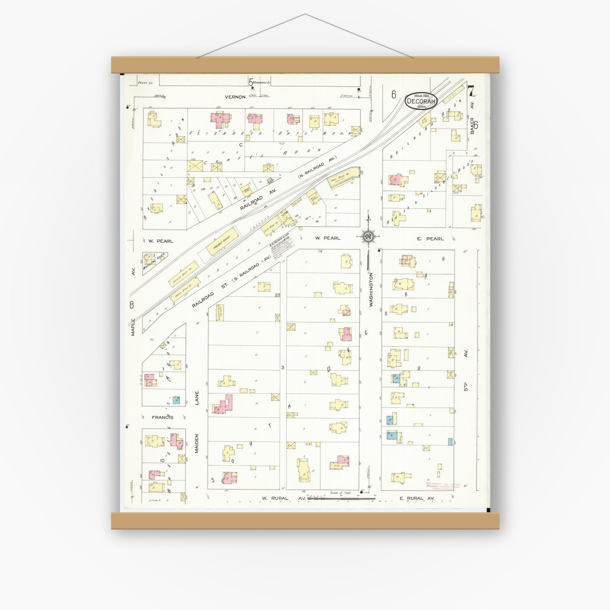 Old map wall art mockup — magnetic wood frame on white wall — Sanborn Fire Insurance Map from Decorah, Winneshiek County, Iowa (1914), Sheet #0007