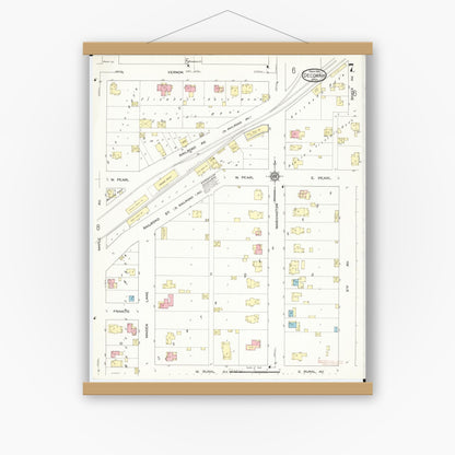 Old map wall art mockup — magnetic wood frame on white wall — Sanborn Fire Insurance Map from Decorah, Winneshiek County, Iowa (1914), Sheet #0007