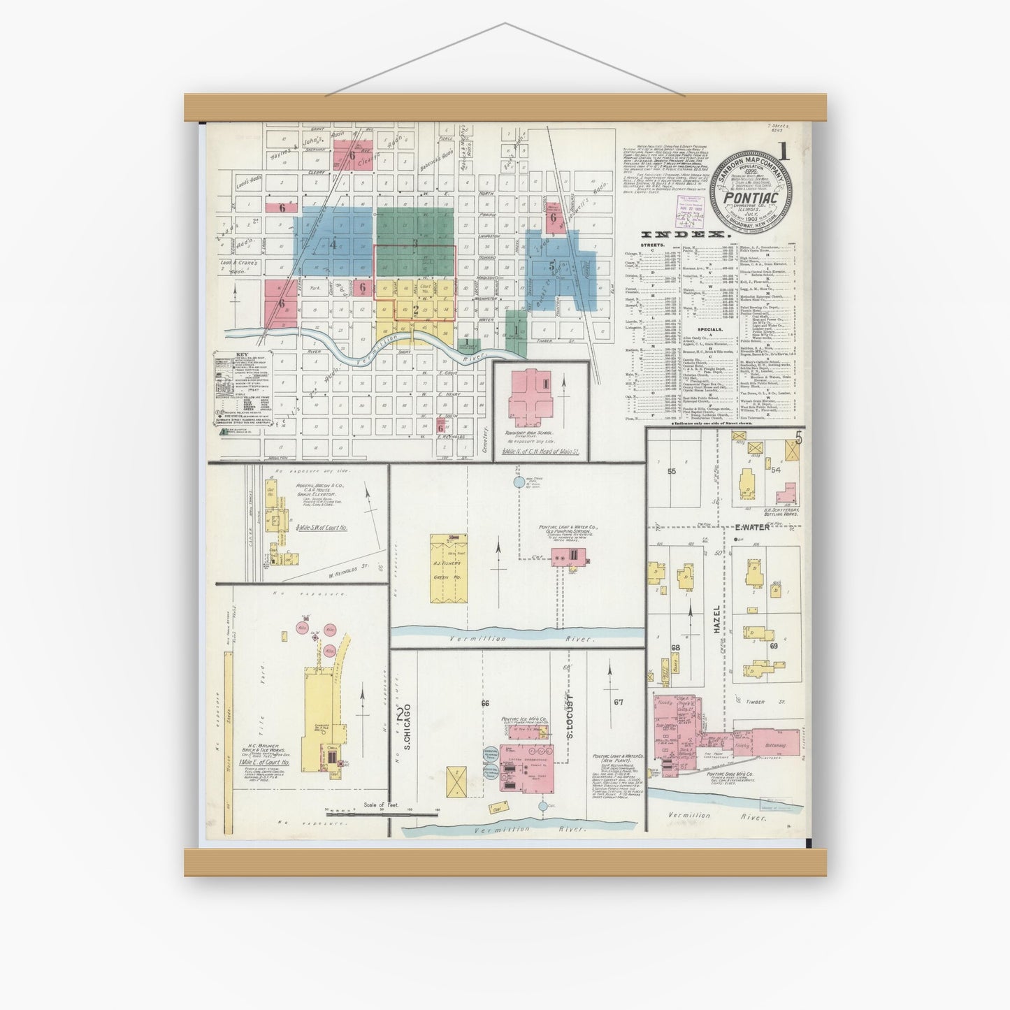 Old map wall art mockup — magnetic wood frame on white wall — Sanborn Fire Insurance Map from Pontiac, Livingston County, Illinois (1903) - Complete Map Set
