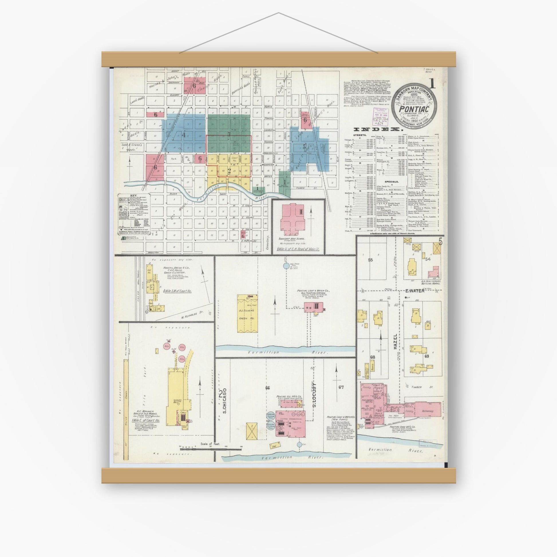 Old map wall art mockup — magnetic wood frame on white wall — Sanborn Fire Insurance Map from Pontiac, Livingston County, Illinois (1903) - Complete Map Set