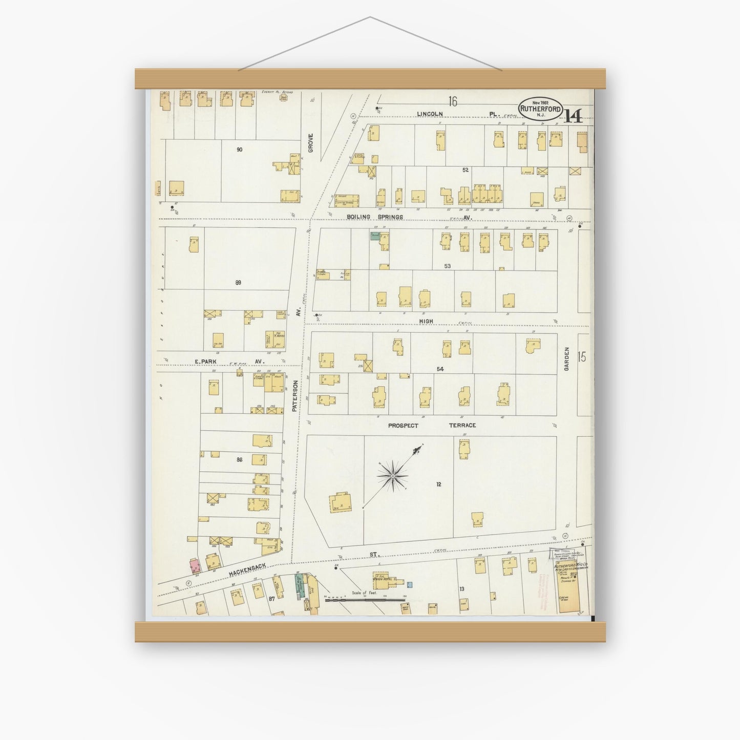 Old map wall art mockup — magnetic wood frame on white wall — Sanborn Fire Insurance Map from Rutherford, Bergen County, New Jersey (1902), Sheet #0014
