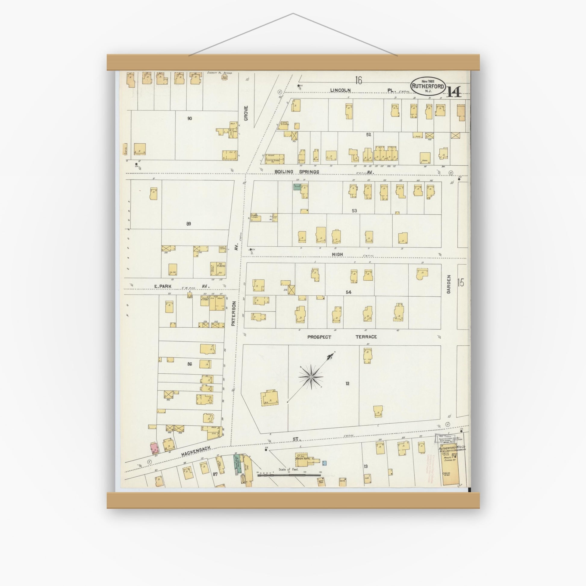 Old map wall art mockup — magnetic wood frame on white wall — Sanborn Fire Insurance Map from Rutherford, Bergen County, New Jersey (1902), Sheet #0014