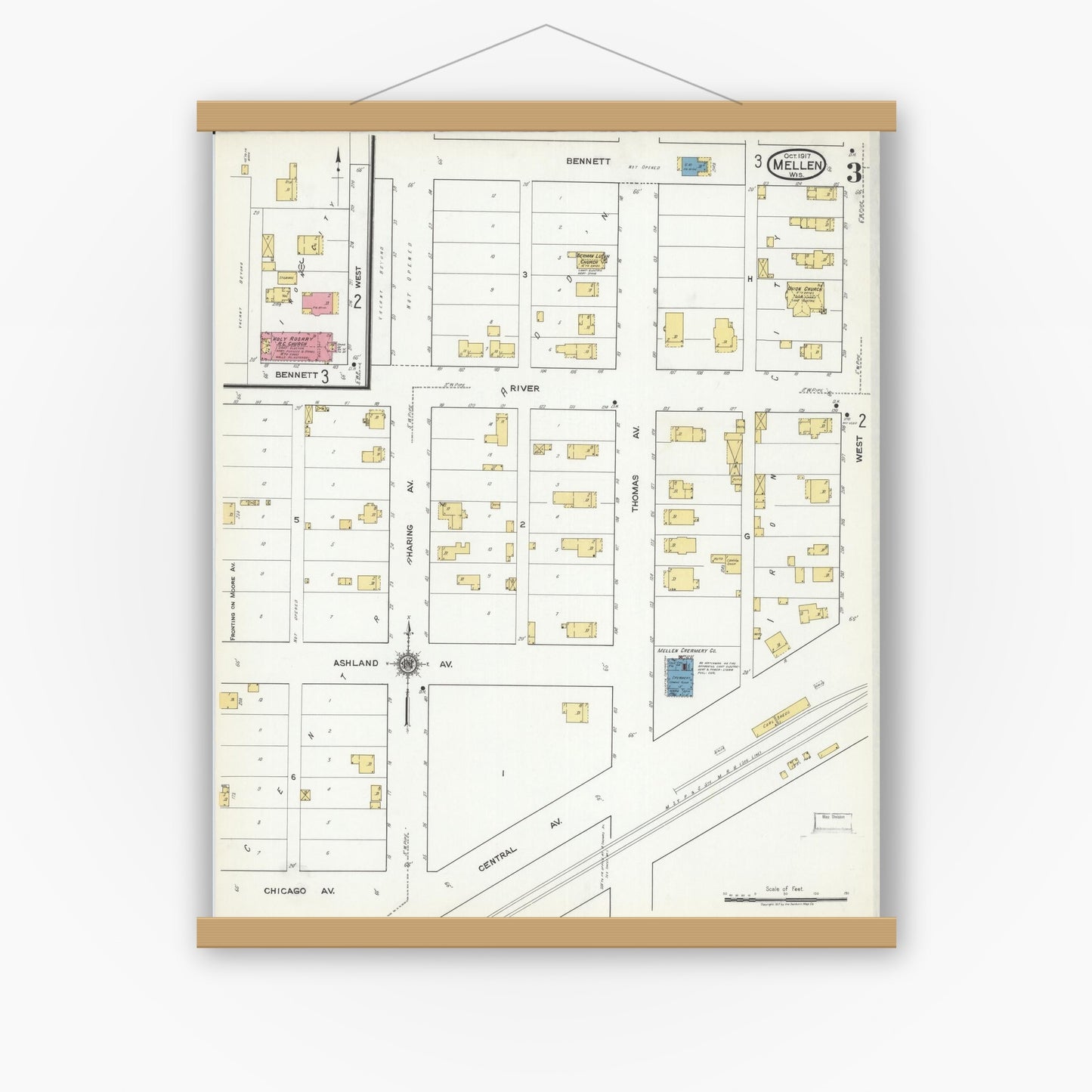 Old map wall art mockup — magnetic wood frame on white wall — Sanborn Fire Insurance Map from Mellen, Ashland County, Wisconsin (1917), Sheet #0003