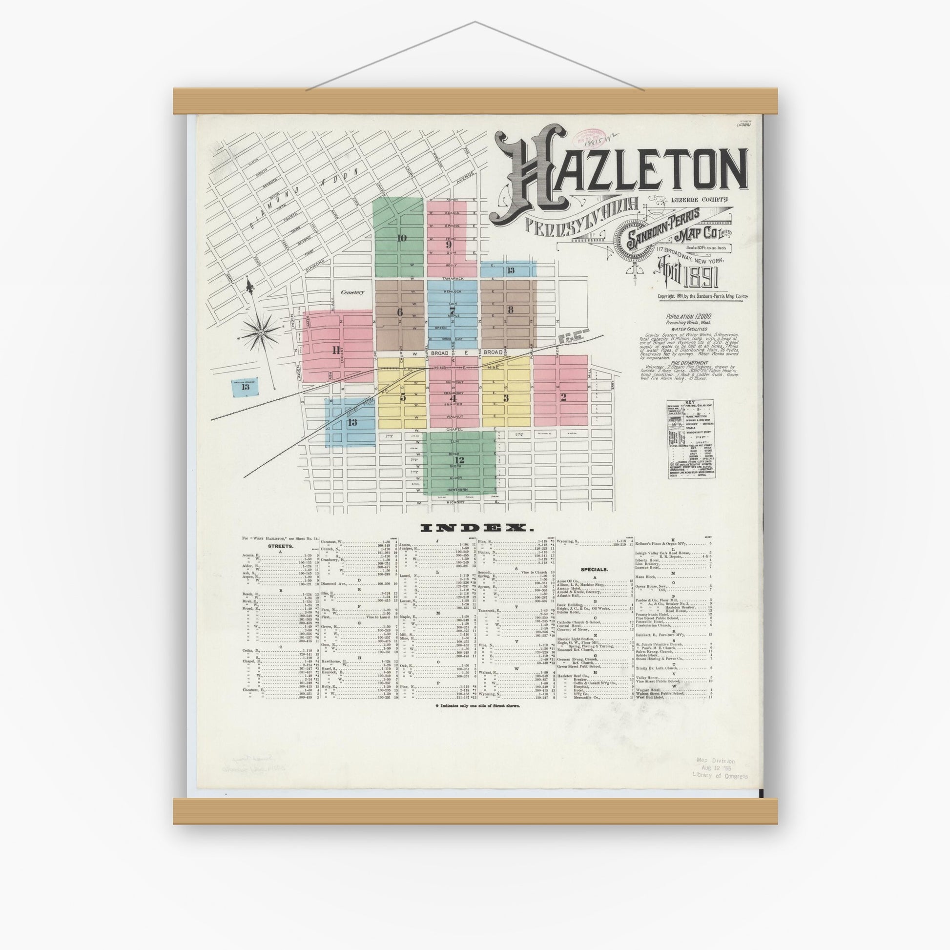 Old map wall art mockup — magnetic wood frame on white wall — Sanborn Fire Insurance Map from Hazleton, Luzerne County, Pennsylvania (1891) - Complete Map Set