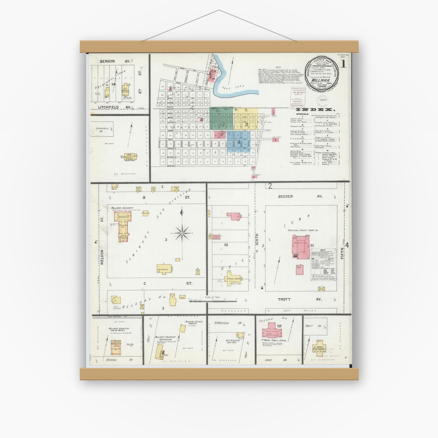 Old map wall art mockup — magnetic wood frame on white wall — Sanborn Fire Insurance Map from Willmar, Kandiyohi County, Minnesota (1899) - Complete Map Set
