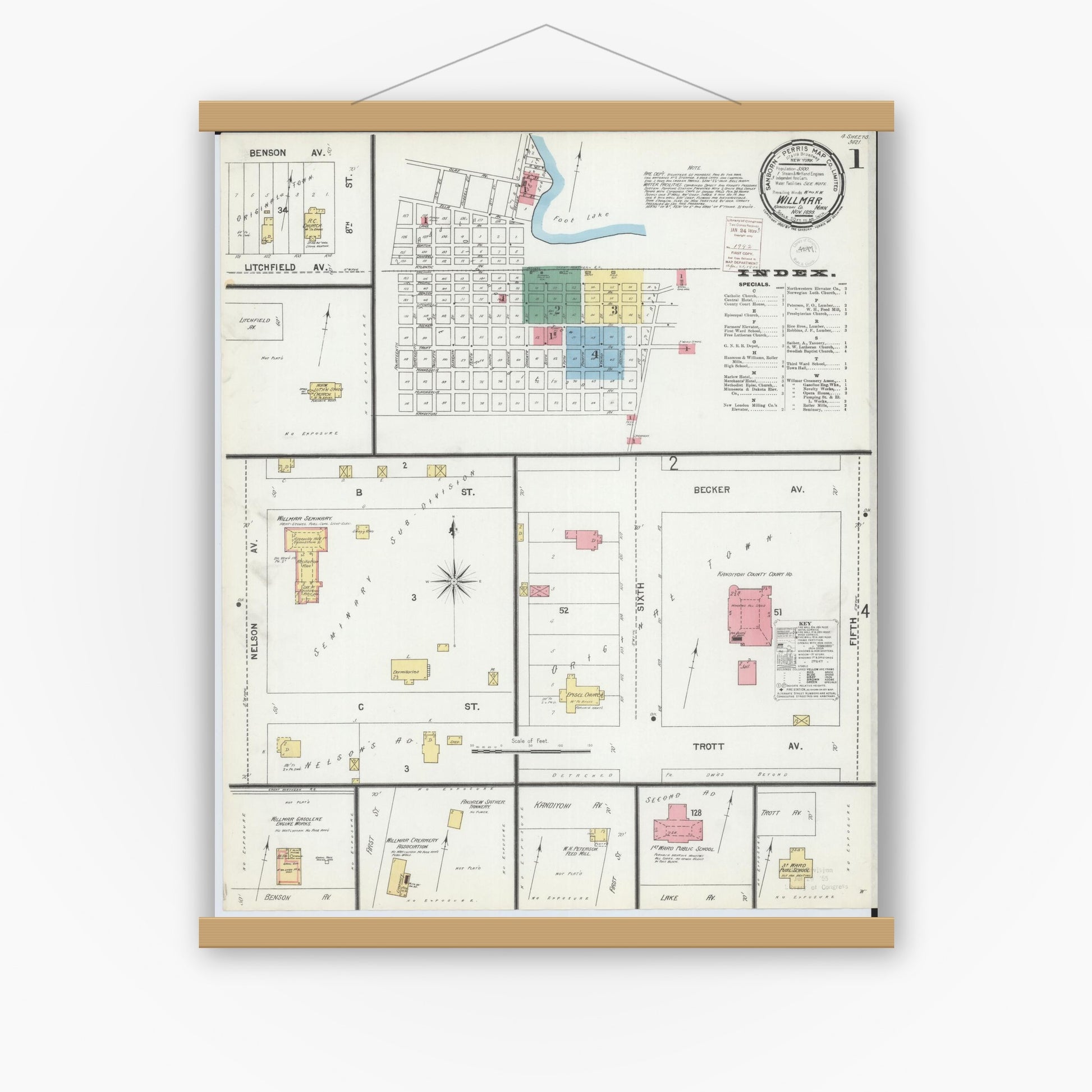 Old map wall art mockup — magnetic wood frame on white wall — Sanborn Fire Insurance Map from Willmar, Kandiyohi County, Minnesota (1899) - Complete Map Set