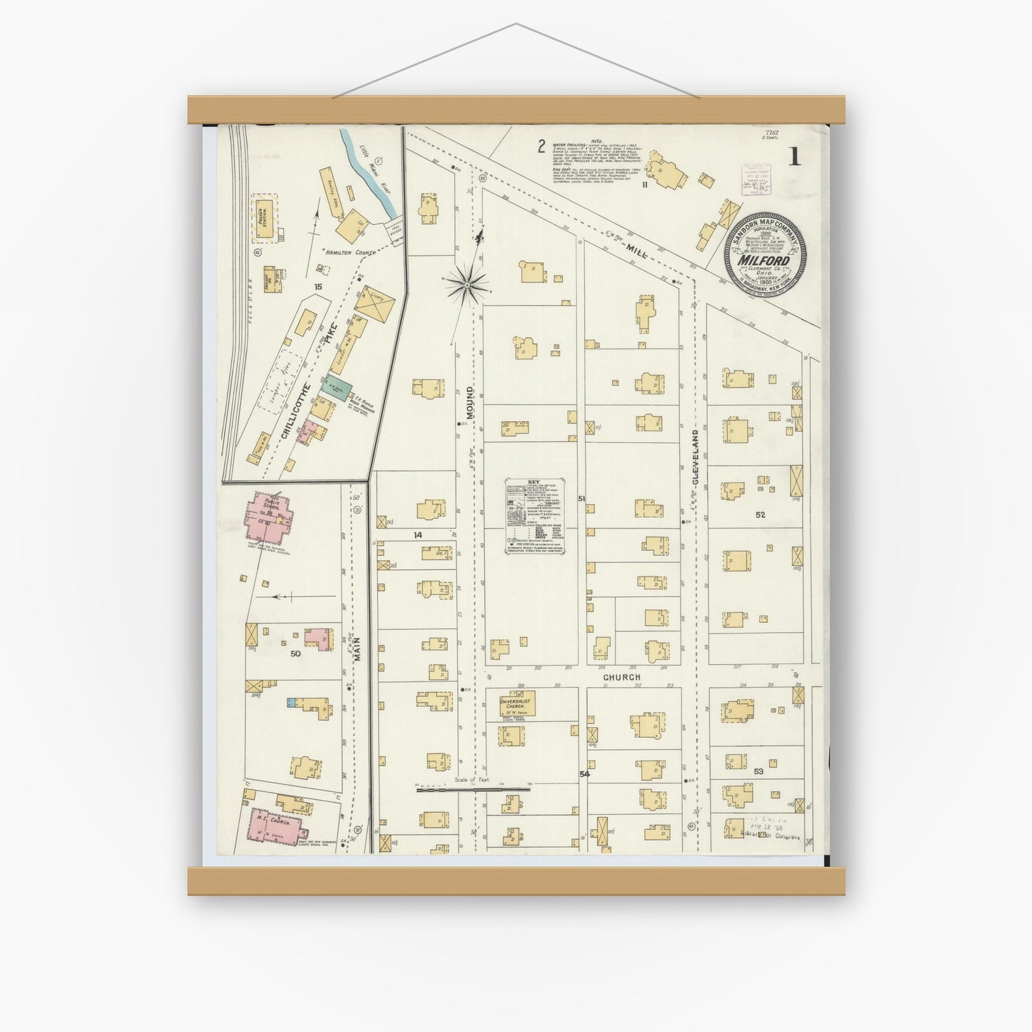 Old map wall art mockup — magnetic wood frame on white wall — Sanborn Fire Insurance Map from Milford, Clermont And Hamilton County, Ohio (1905) - Complete Map Set