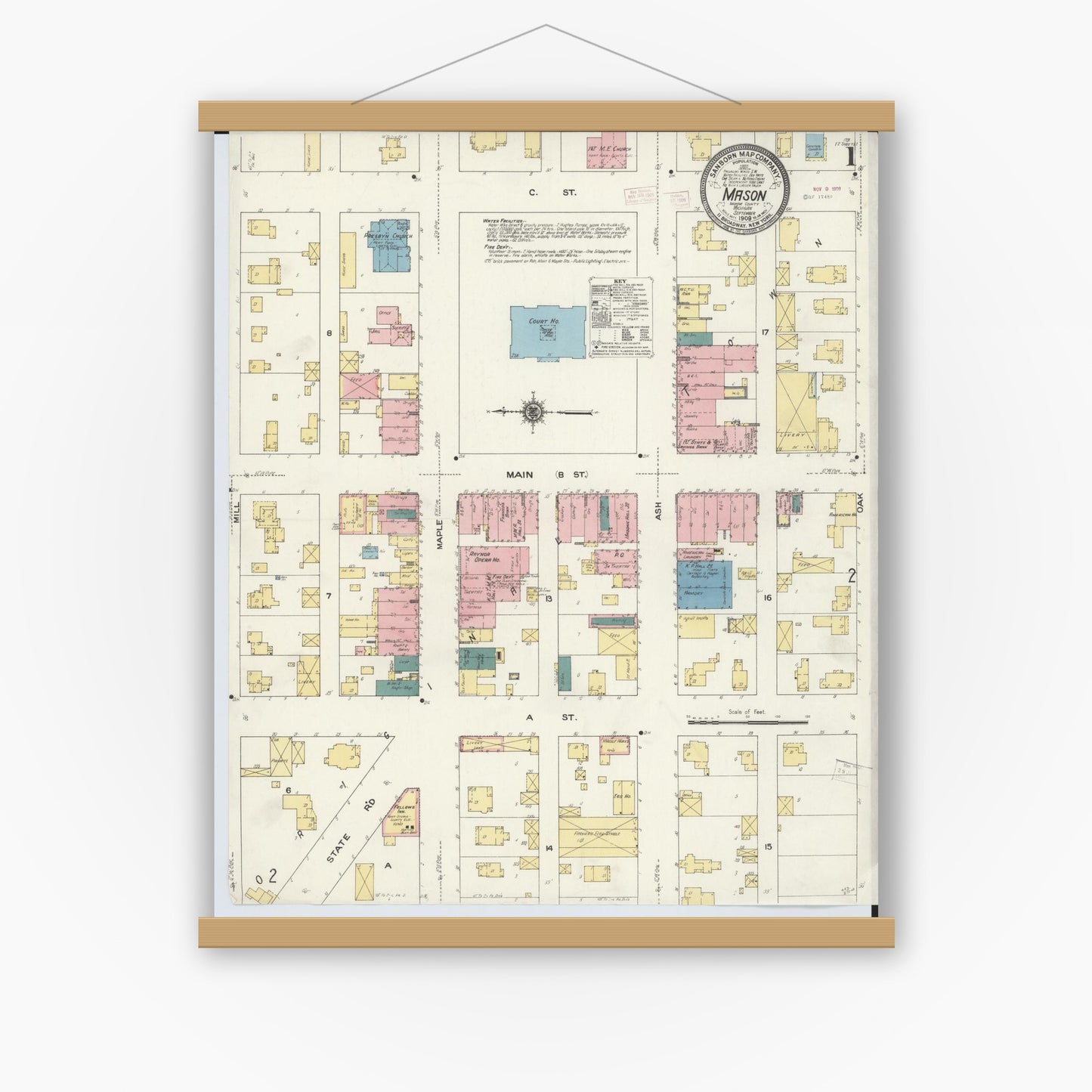 Old map wall art mockup — magnetic wood frame on white wall — Sanborn Fire Insurance Map from Mason, Ingham County, Michigan (1909) - Complete Map Set