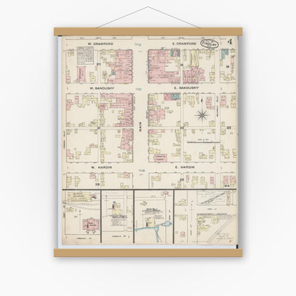 Old map wall art mockup — magnetic wood frame on white wall — Sanborn Fire Insurance Map from Findlay, Hancock County, Ohio (1884), Sheet #0004