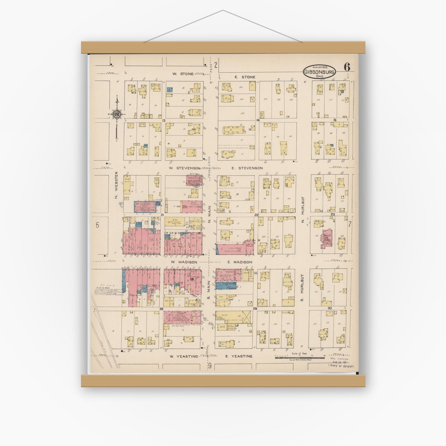 Old map wall art mockup — magnetic wood frame on white wall — Sanborn Fire Insurance Map from Gibsonburg, Sandusky County, Ohio (1922), Sheet #0006