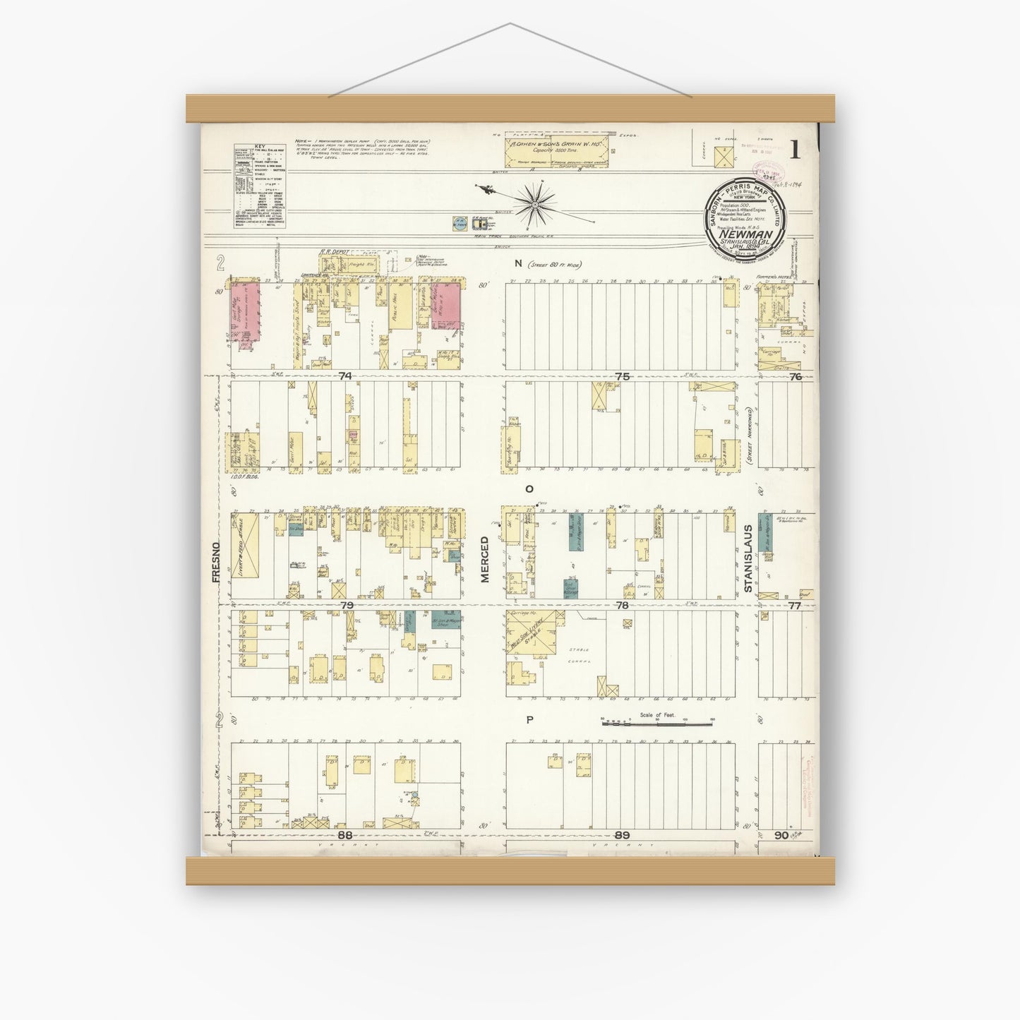 Old map wall art mockup — magnetic wood frame on white wall — Sanborn Fire Insurance Map from Newman, Stanislaus County, California (1894) - Complete Map Set