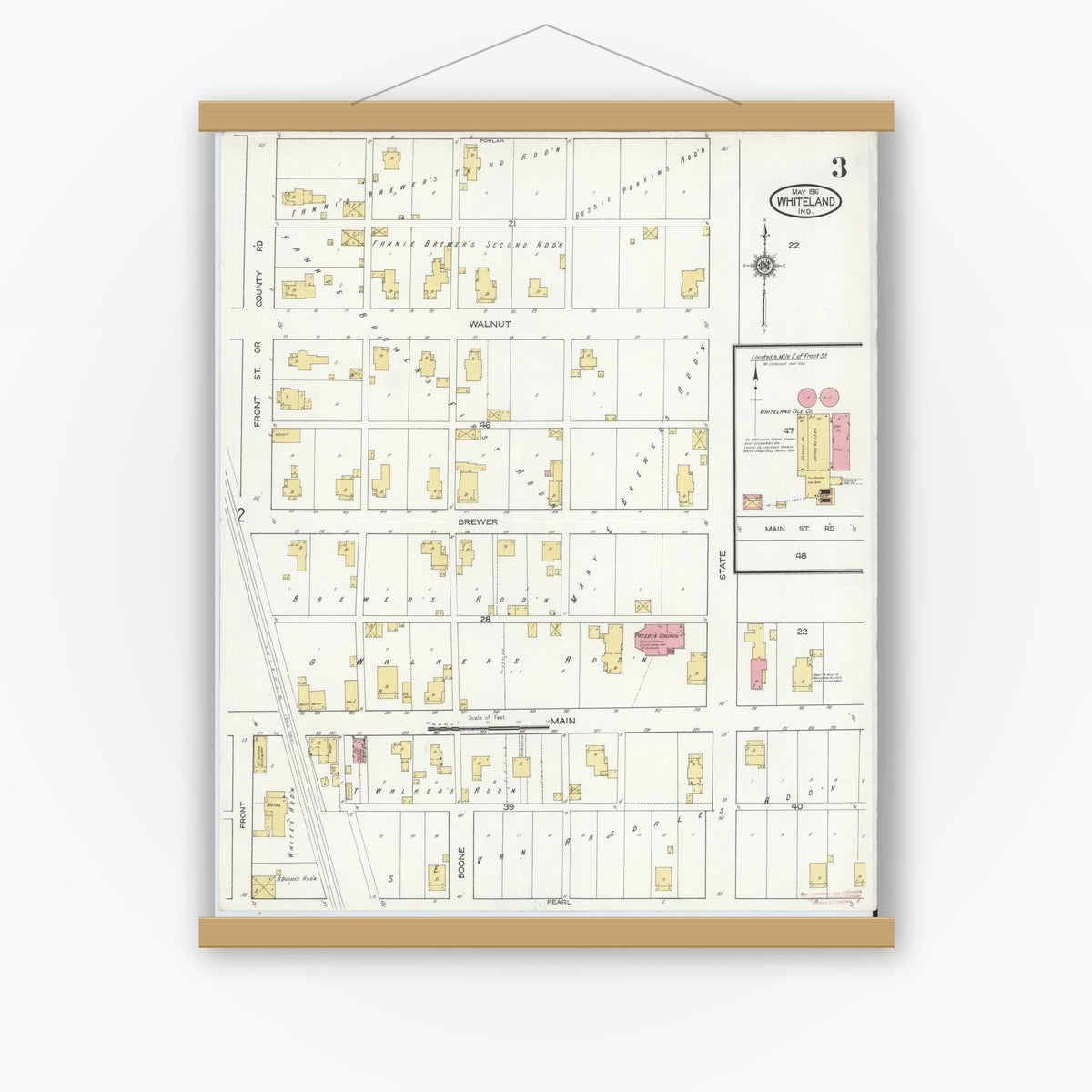 Old map wall art mockup — magnetic wood frame on white wall — Sanborn Fire Insurance Map from Whiteland, Johnson County, Indiana (1916), Sheet #0003