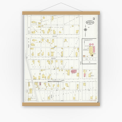 Old map wall art mockup — magnetic wood frame on white wall — Sanborn Fire Insurance Map from Whiteland, Johnson County, Indiana (1916), Sheet #0003