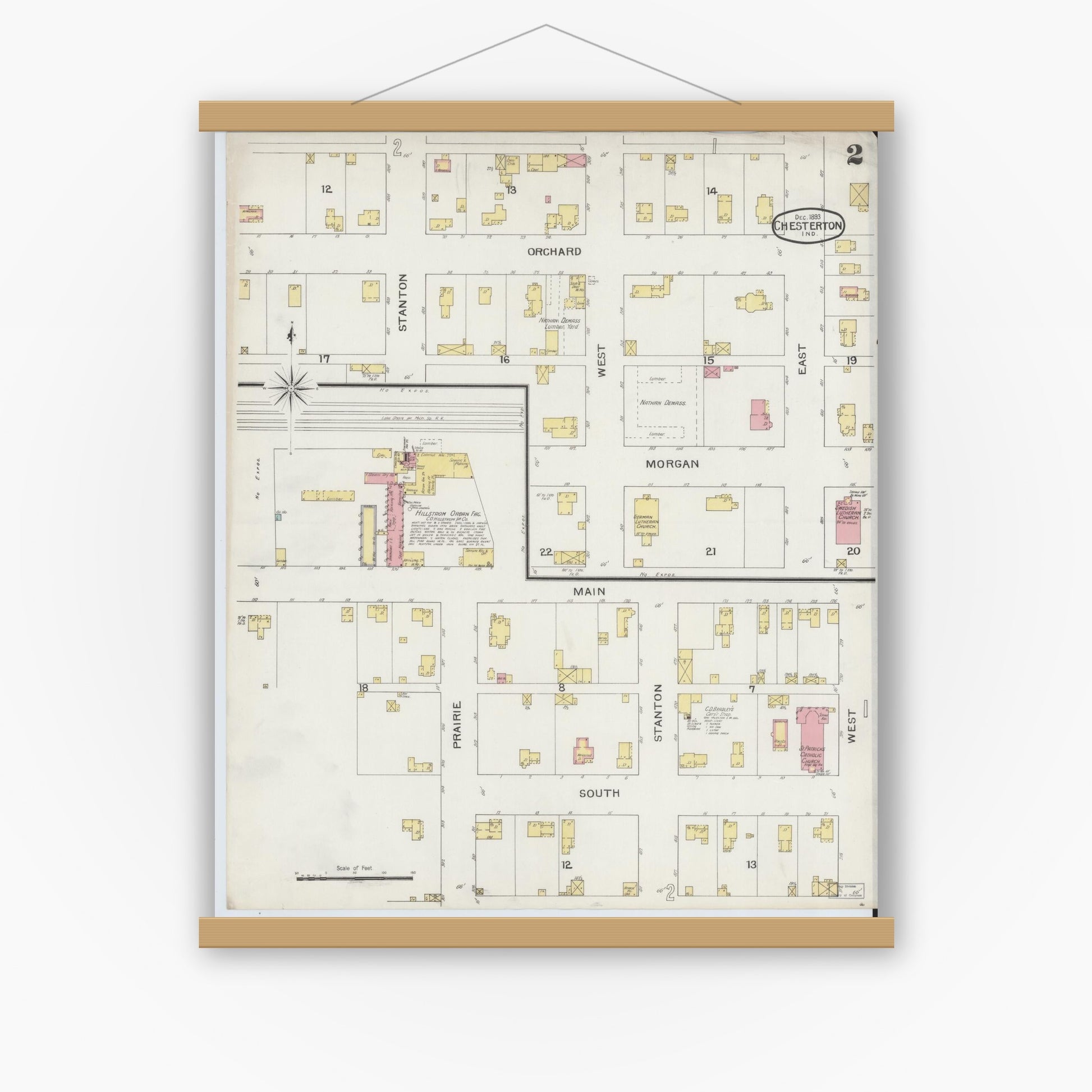 Old map wall art mockup — magnetic wood frame on white wall — Sanborn Fire Insurance Map from Chesterton, Porter County, Indiana (1893), Sheet #0002