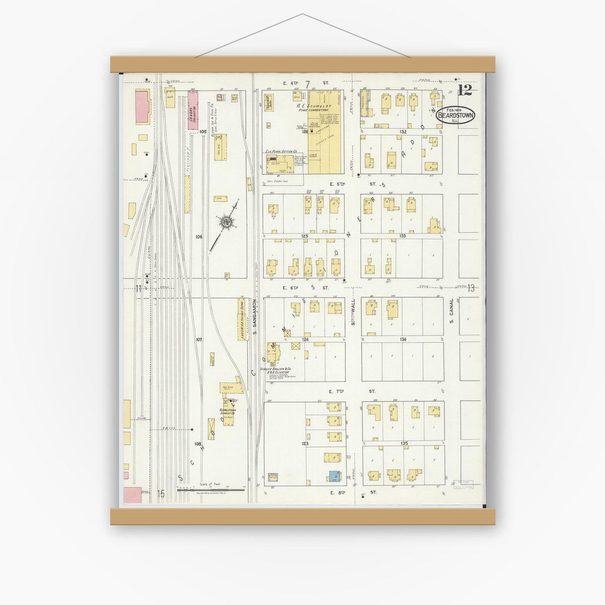 Old map wall art mockup — magnetic wood frame on white wall — Sanborn Fire Insurance Map from Beardstown, Cass County, Illinois (1919), Sheet #0012