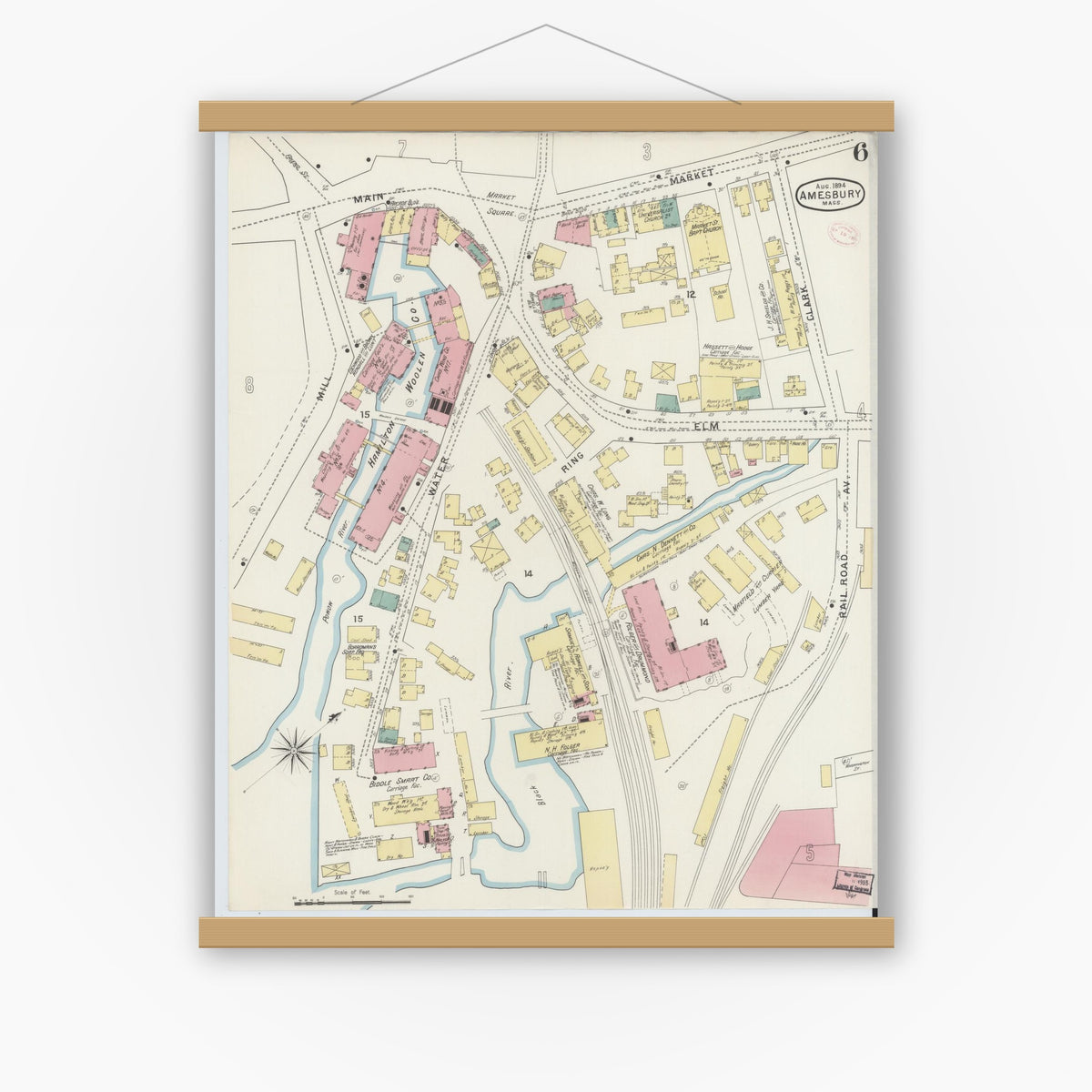 Old map wall art mockup — magnetic wood frame on white wall — Sanborn Fire Insurance Map from Amesbury, Essex County, Massachusetts (1894), Sheet #0006