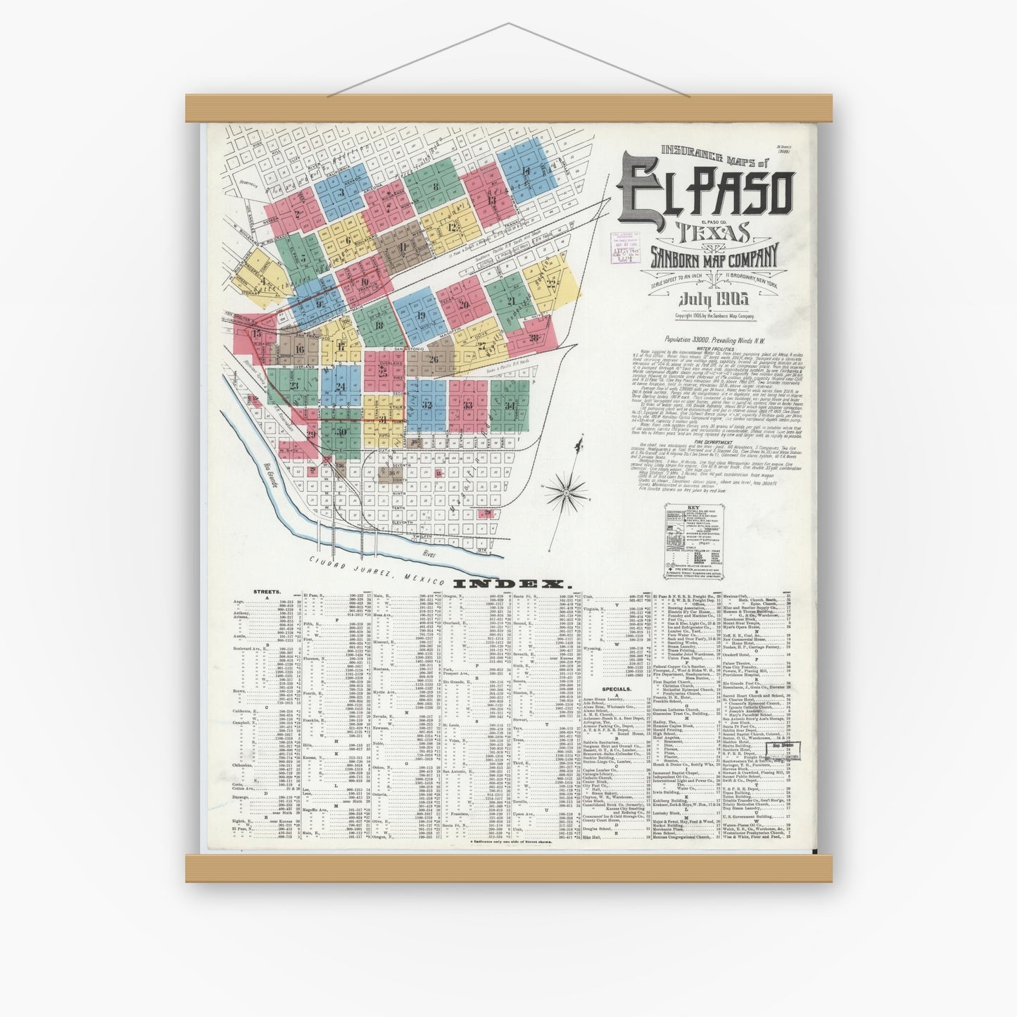 Old map wall art mockup — magnetic wood frame on white wall — Sanborn Fire Insurance Map from El Paso, El Paso County, Texas (1905) - Complete Map Set