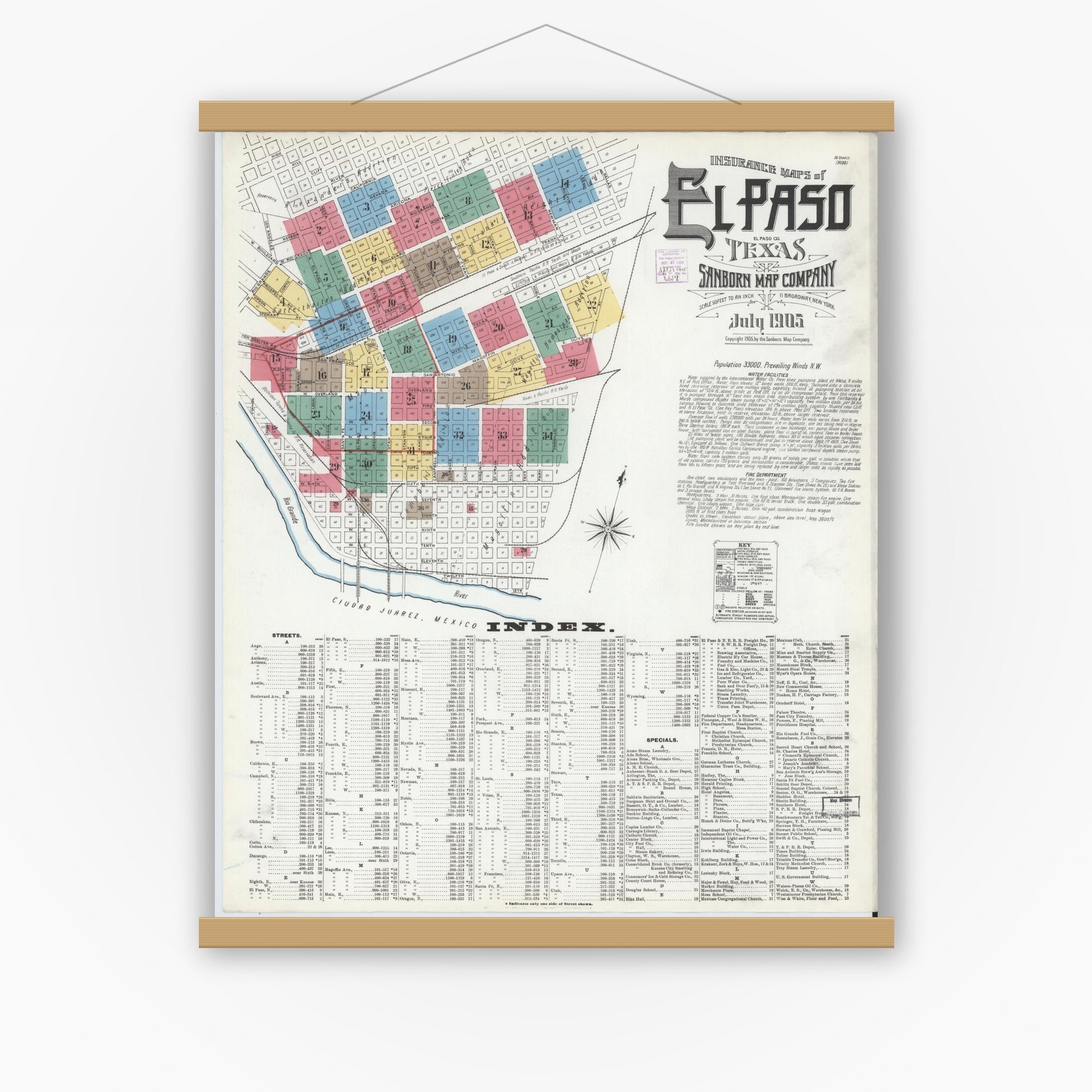 Old map wall art mockup — magnetic wood frame on white wall — Sanborn Fire Insurance Map from El Paso, El Paso County, Texas (1905) - Complete Map Set