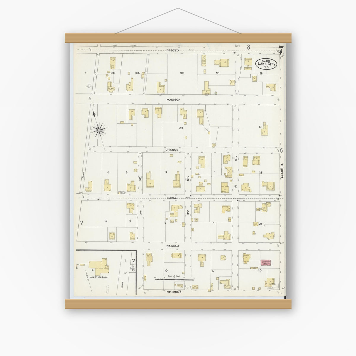 Old map wall art mockup — magnetic wood frame on white wall — Sanborn Fire Insurance Map from Lake City, Columbia County, Florida (1906), Sheet #0007