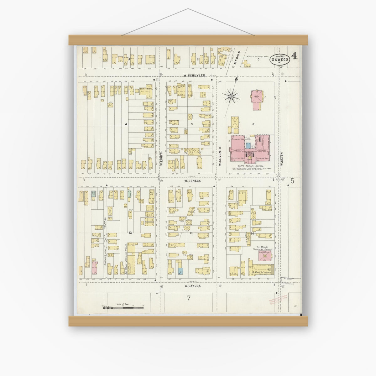 Old map wall art mockup — magnetic wood frame on white wall — Sanborn Fire Insurance Map from Oswego, Oswego County, New York (1897), Sheet #0004