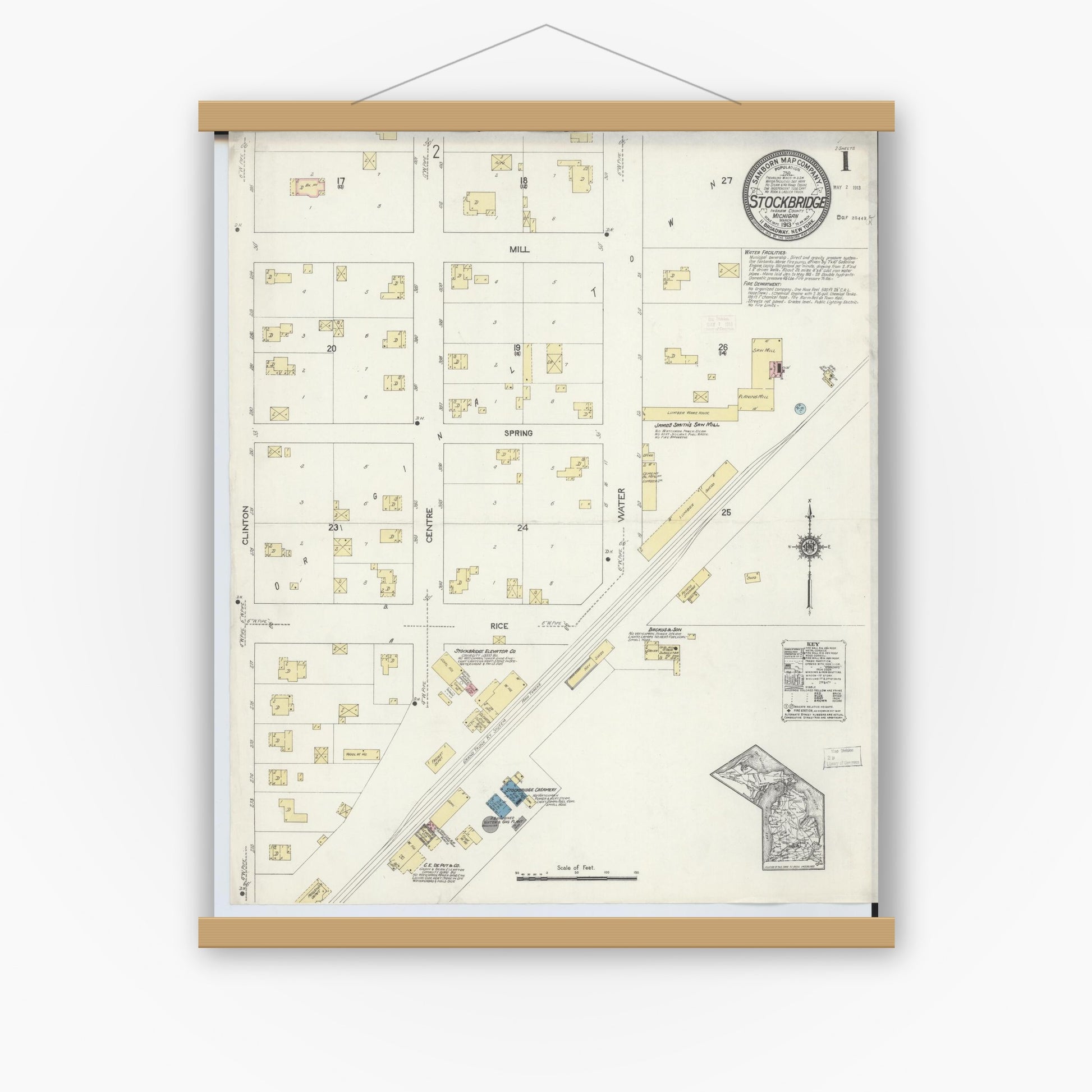 Old map wall art mockup — magnetic wood frame on white wall — Sanborn Fire Insurance Map from Stockbridge, Ingham County, Michigan (1913), Sheet #0001