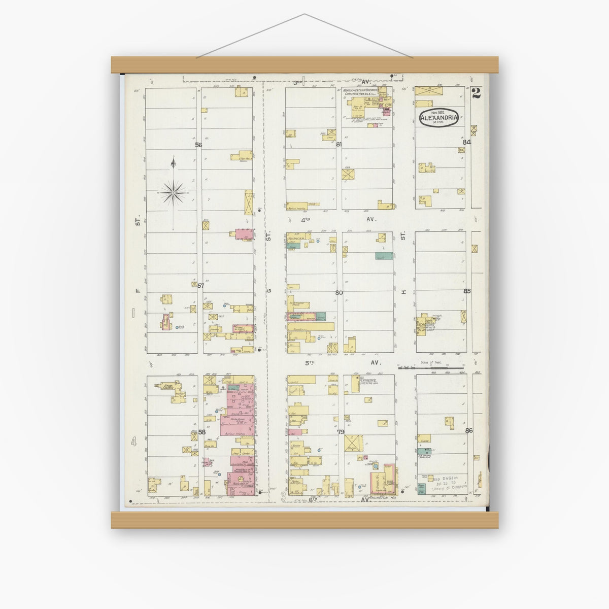 Old map wall art mockup — magnetic wood frame on white wall — Sanborn Fire Insurance Map from Alexandria, Douglas County, Minnesota (1892), Sheet #0002