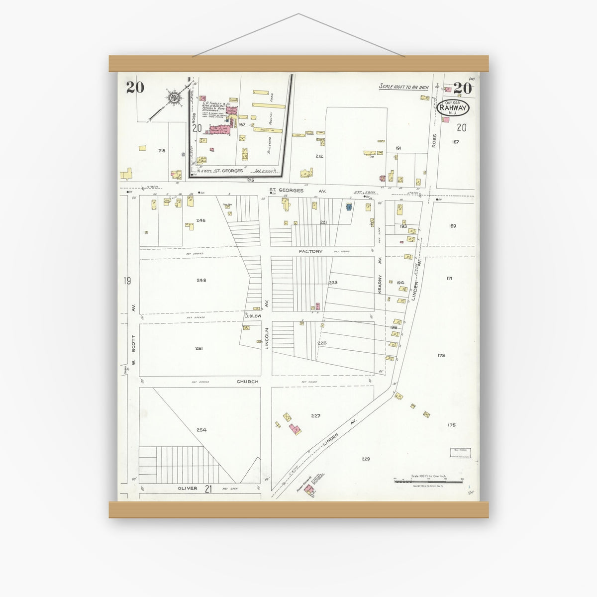 Old map wall art mockup — magnetic wood frame on white wall — Sanborn Fire Insurance Map from Rahway, Union County, New Jersey (1923), Sheet #0020
