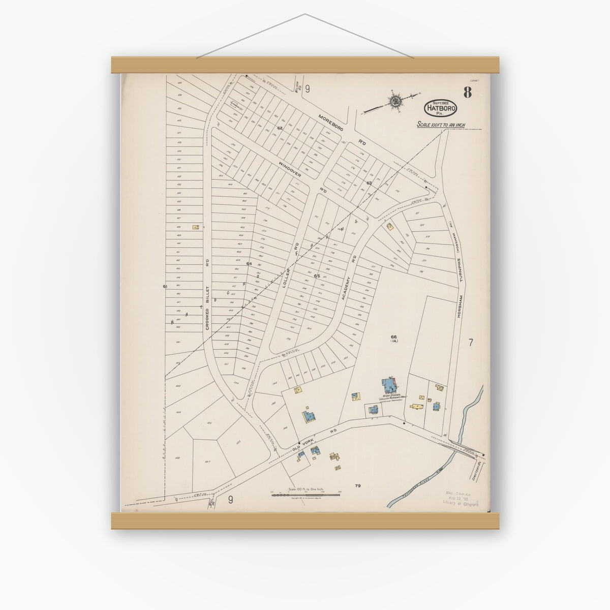 Old map wall art mockup — magnetic wood frame on white wall — Sanborn Fire Insurance Map from Hatboro, Montgomery County, Pennsylvania (1922), Sheet #0008
