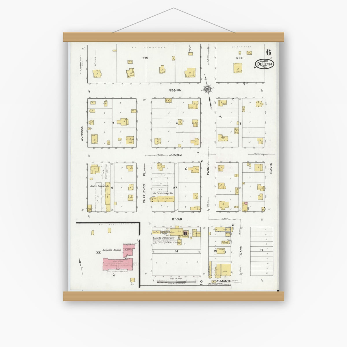 Old map wall art mockup — magnetic wood frame on white wall — Sanborn Fire Insurance Map from De Leon, Comanche County, Texas (1920), Sheet #0006