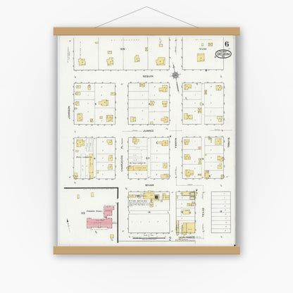 Old map wall art mockup — magnetic wood frame on white wall — Sanborn Fire Insurance Map from De Leon, Comanche County, Texas (1920), Sheet #0006