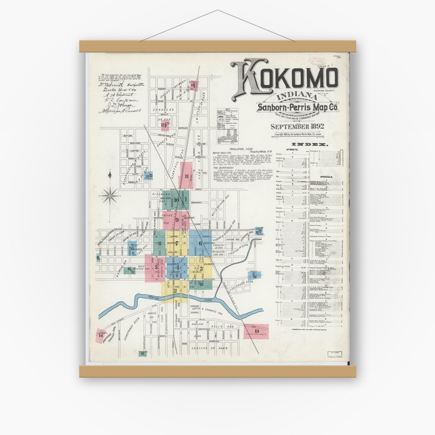 Old map wall art mockup — magnetic wood frame on white wall — Sanborn Fire Insurance Map from Kokomo, Howard County, Indiana (1892) - Complete Map Set