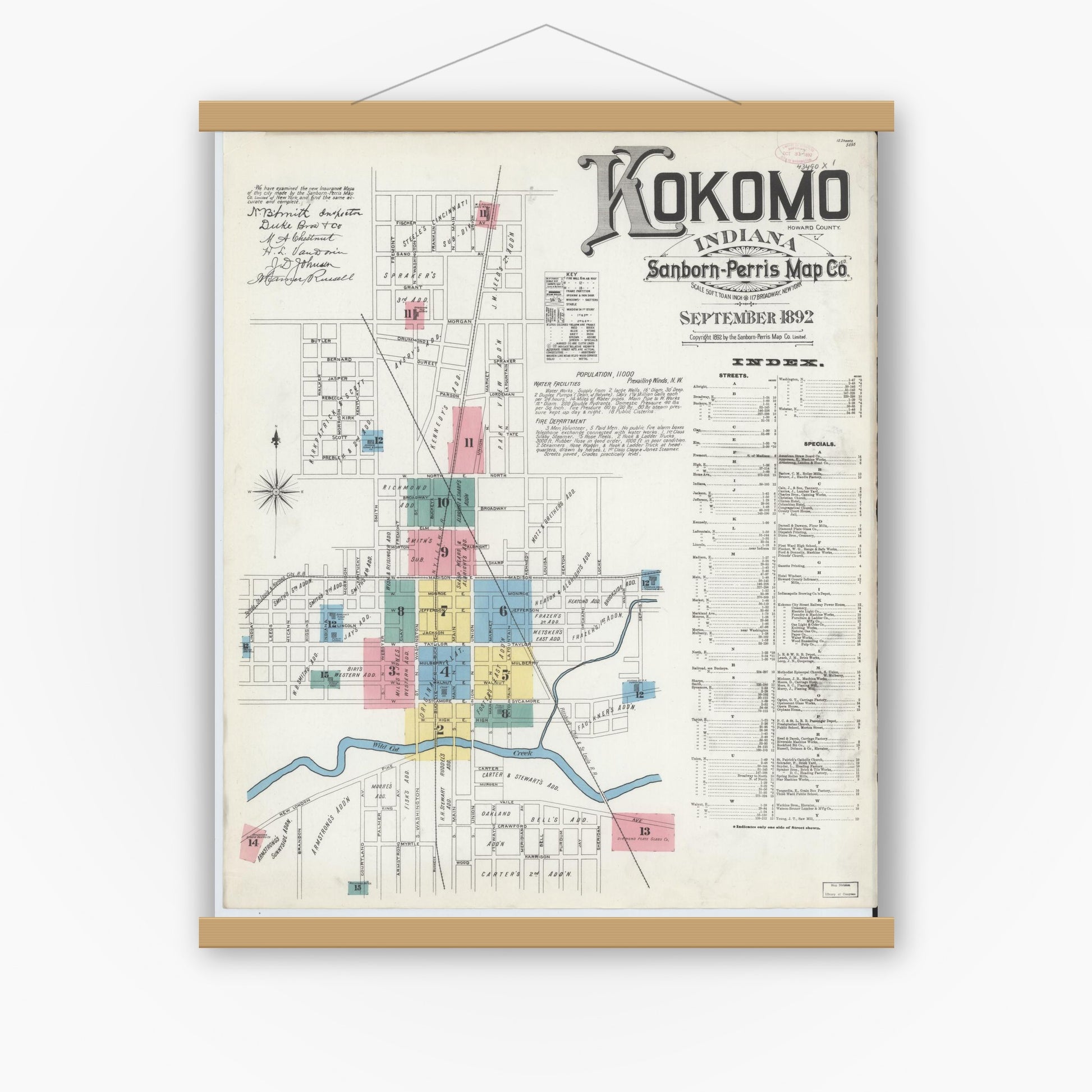 Old map wall art mockup — magnetic wood frame on white wall — Sanborn Fire Insurance Map from Kokomo, Howard County, Indiana (1892) - Complete Map Set