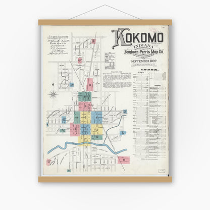 Old map wall art mockup — magnetic wood frame on white wall — Sanborn Fire Insurance Map from Kokomo, Howard County, Indiana (1892) - Complete Map Set