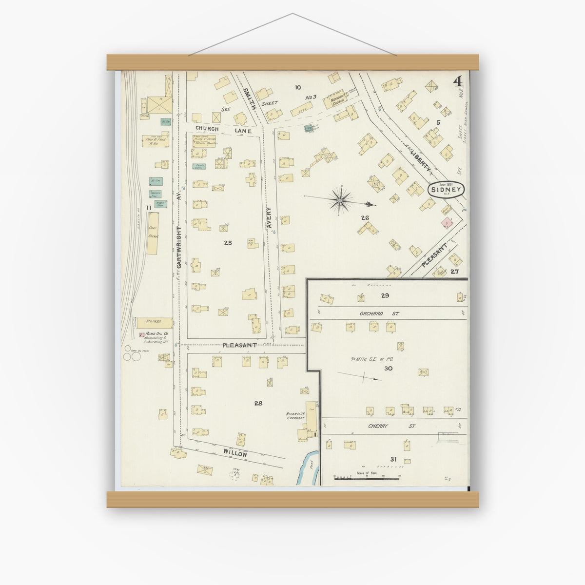 Old map wall art mockup — magnetic wood frame on white wall — Sanborn Fire Insurance Map from Sidney, Delaware County, New York (1891), Sheet #0004