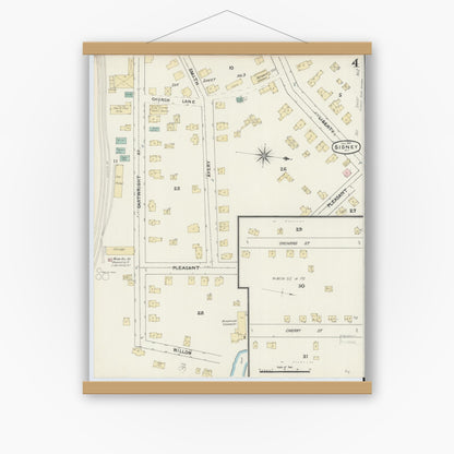 Old map wall art mockup — magnetic wood frame on white wall — Sanborn Fire Insurance Map from Sidney, Delaware County, New York (1891), Sheet #0004