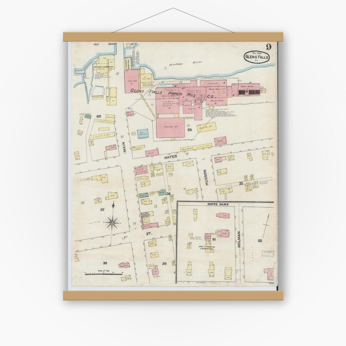 Old map wall art mockup — magnetic wood frame on white wall — Sanborn Fire Insurance Map from Glens Falls, Warren County, New York (1890), Sheet #0009