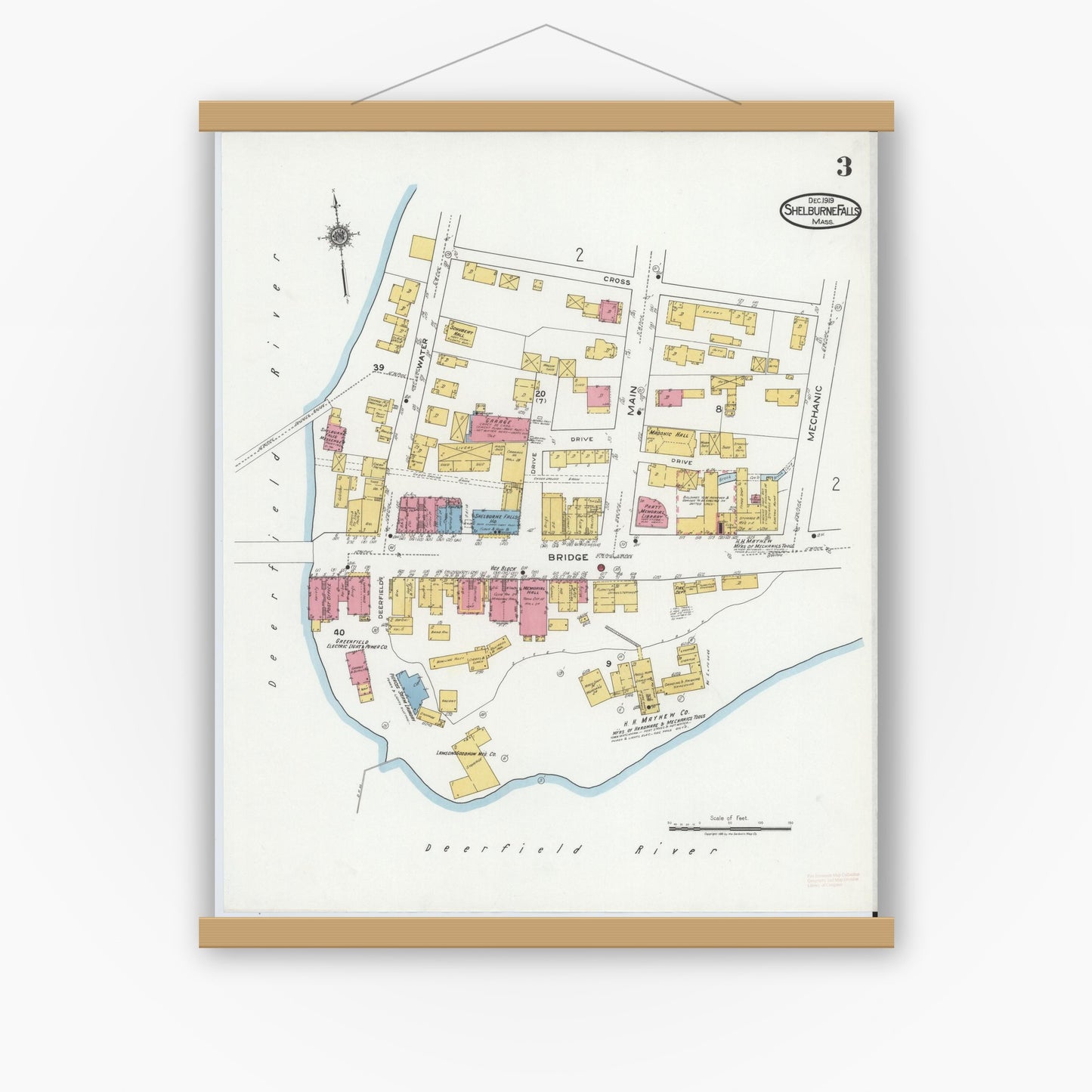 Old map wall art mockup — magnetic wood frame on white wall — Sanborn Fire Insurance Map from Shelburne Falls, Franklin County, Massachusetts (1919), Sheet #0003