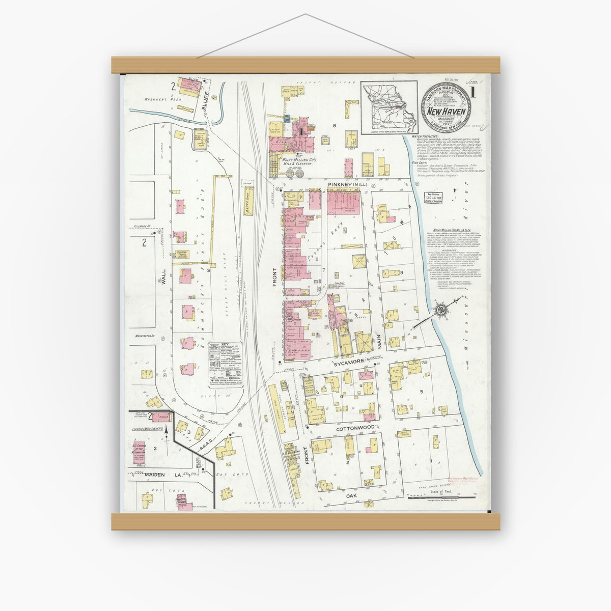Old map wall art mockup — magnetic wood frame on white wall — Sanborn Fire Insurance Map from New Haven, Franklin County, Missouri (1917) - Complete Map Set