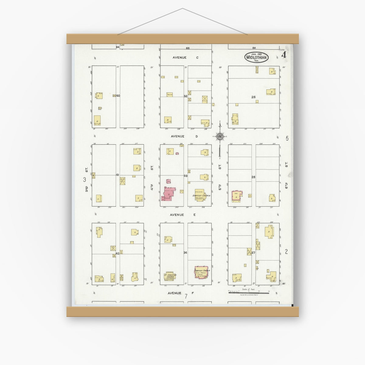 Old map wall art mockup — magnetic wood frame on white wall — Sanborn Fire Insurance Map from Midlothian, Ellis County, Texas (1921), Sheet #0004
