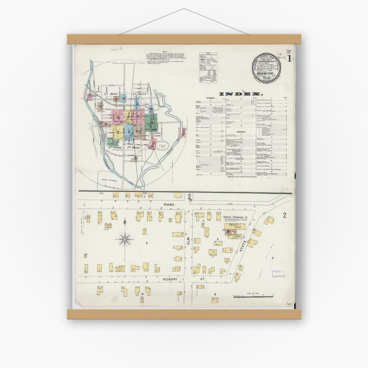 Old map wall art mockup — magnetic wood frame on white wall — Sanborn Fire Insurance Map from Norwich, Chenango County, New York (1897), Sheet #0001