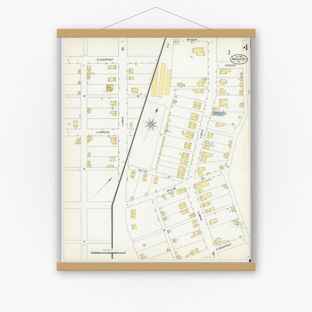 Old map wall art mockup — magnetic wood frame on white wall — Sanborn Fire Insurance Map from Mahaffly, Clearfield County, Pennsylvania (1903), Sheet #0004