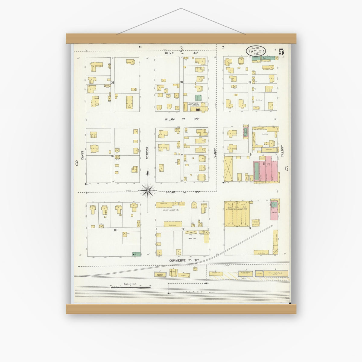 Old map wall art mockup — magnetic wood frame on white wall — Sanborn Fire Insurance Map from Taylor, Williamson County, Texas (1904), Sheet #0005