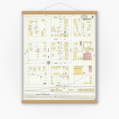Old map wall art mockup — magnetic wood frame on white wall — Sanborn Fire Insurance Map from Taylor, Williamson County, Texas (1904), Sheet #0005