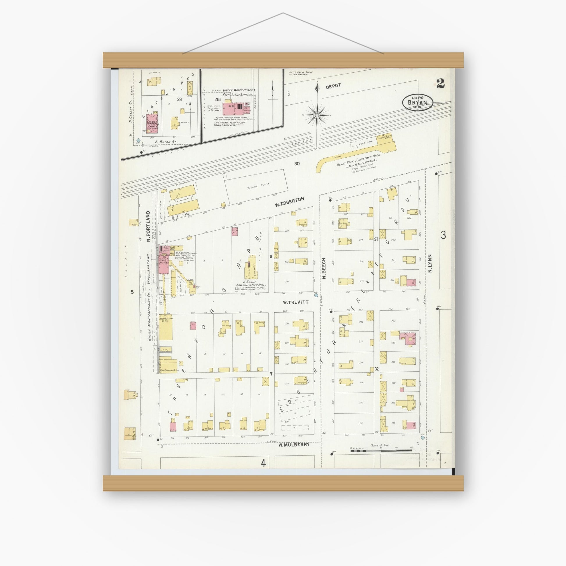 Old map wall art mockup — magnetic wood frame on white wall — Sanborn Fire Insurance Map from Bryan, Williams County, Ohio (1899), Sheet #0002
