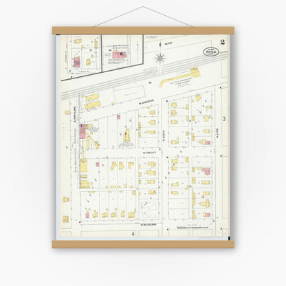 Old map wall art mockup — magnetic wood frame on white wall — Sanborn Fire Insurance Map from Bryan, Williams County, Ohio (1899), Sheet #0002