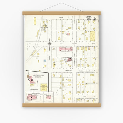 Old map wall art mockup — magnetic wood frame on white wall — Sanborn Fire Insurance Map from Toledo, Tama County, Iowa (1915), Sheet #0002