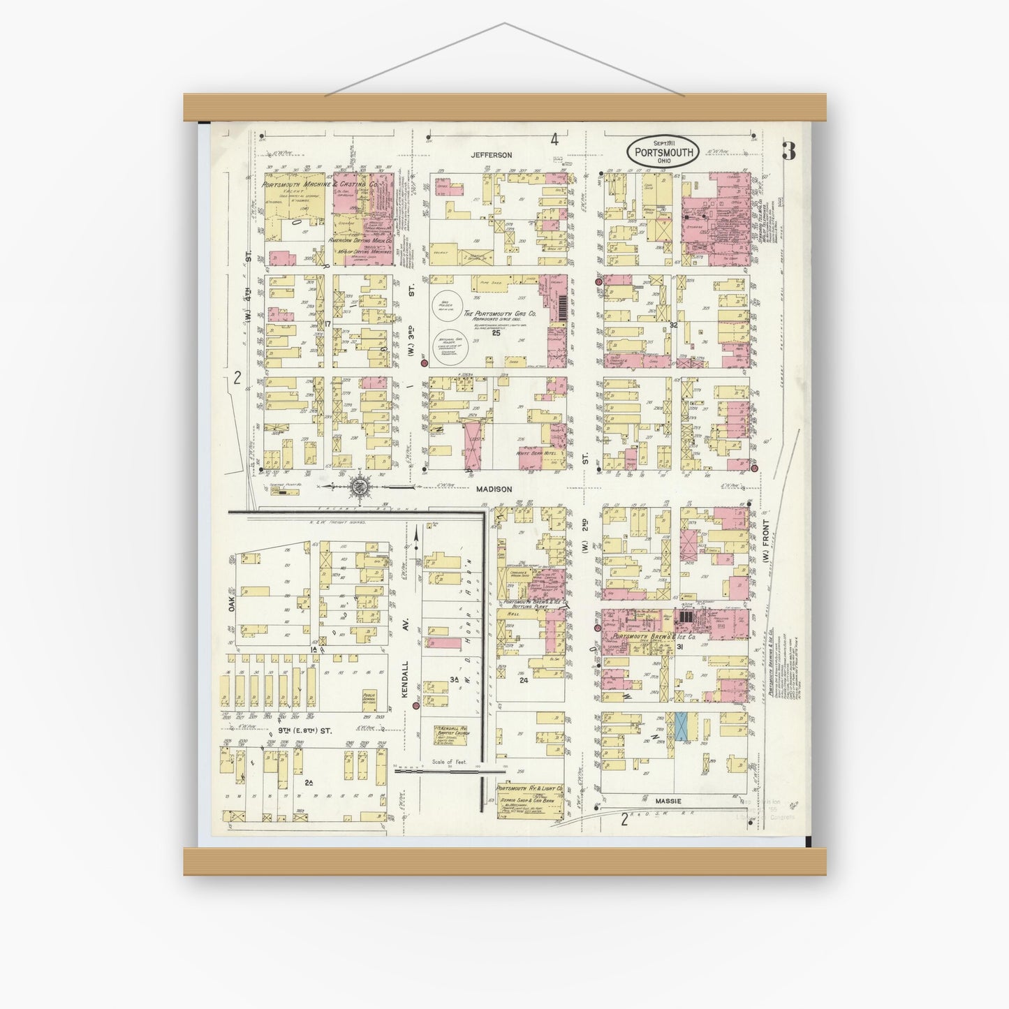 Old map wall art mockup — magnetic wood frame on white wall — Sanborn Fire Insurance Map from Portsmouth, Scioto County, Ohio (1911), Sheet #0003